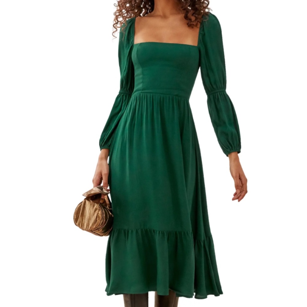 Floral Long Sleeve Midi Dress Reformation Emerald 12